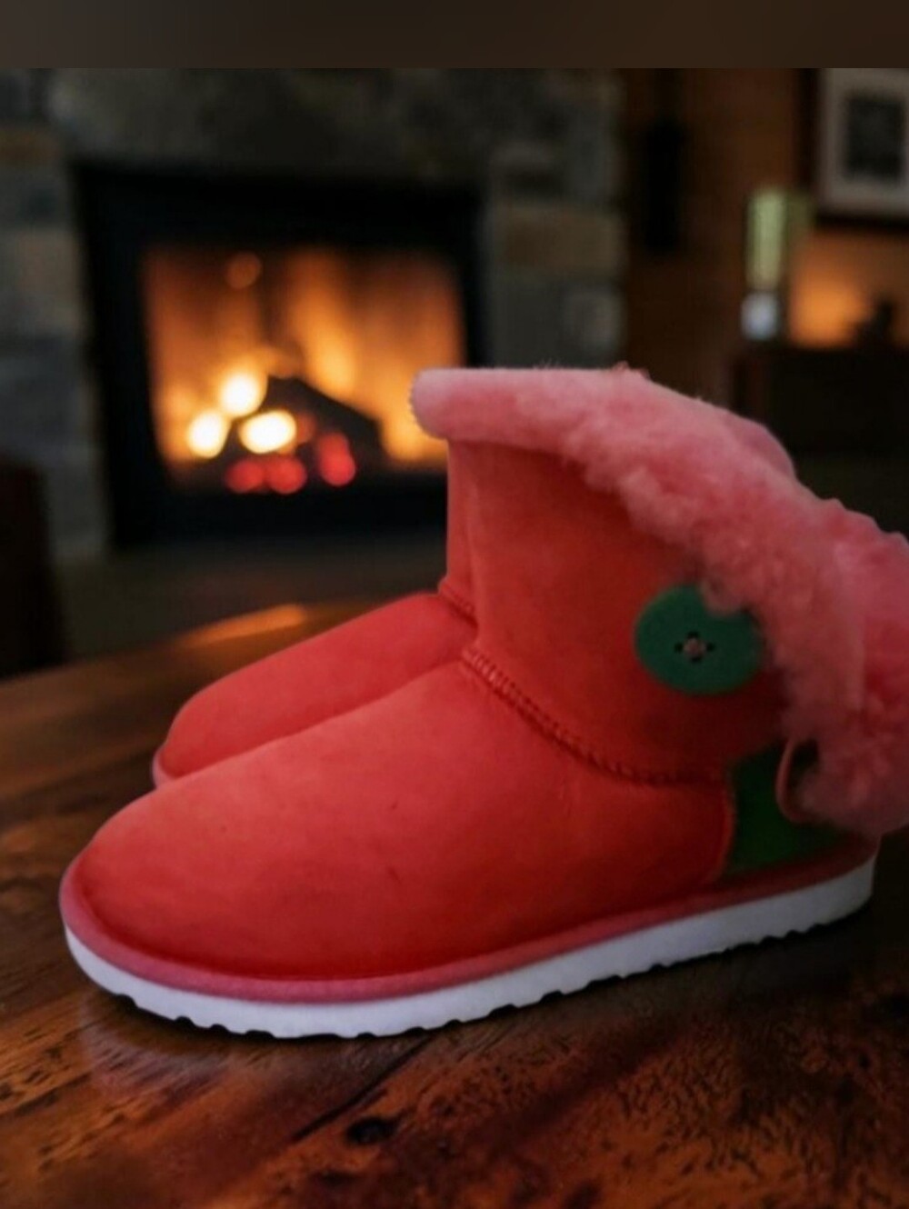Rare UGG Mini Bailey Button Neon Pink Green Boots Women Sorority Christmas Elf